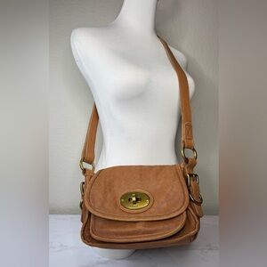 Fossil‎ Rare Tan Leather Crossbody Shoulder Bag Gold Turnlock